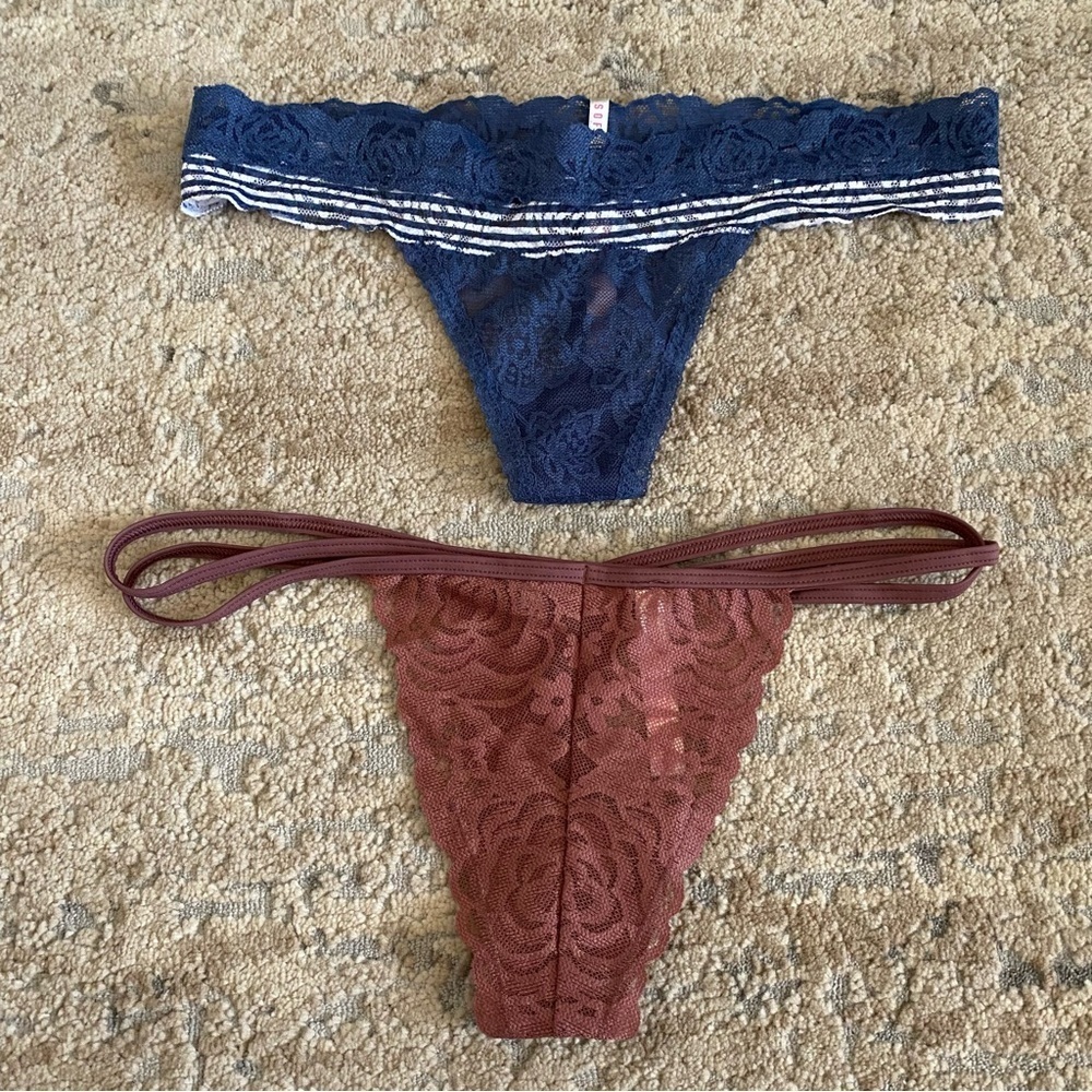 Victoria’s Secret PINK Lace Thong Bundle 2 Pairs Panties in Blue and Brown: Med